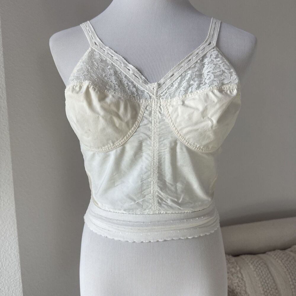 VTG Bustier Long Line Boned Bra w Floral Lace Upper Cups Warners 38C